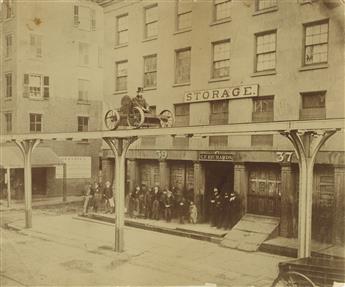 (NEW YORK--TRANSPORT) Charles Thompson Harvey testing cable-driven railway, Greenwich St * Building the elevated tracks in the Bowery.